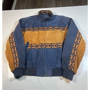 Adler Bomber Jacket Mens XL Blue Tan Suede Southwestern Aztec Pattern Zip Up